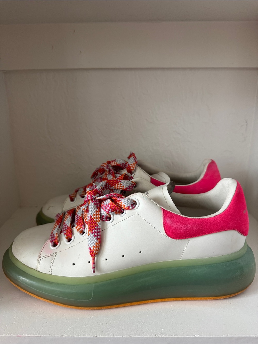 Alexander McQueen Larry White Sneakers with Pink Heel and Green Sole